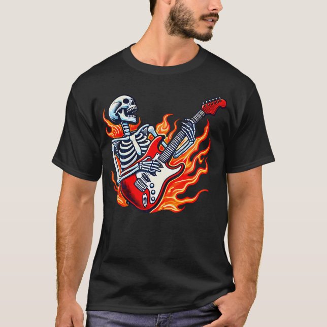 Skelett Elgitarr Kille Rock Roll Band Rock O T Shirt (Framsida)