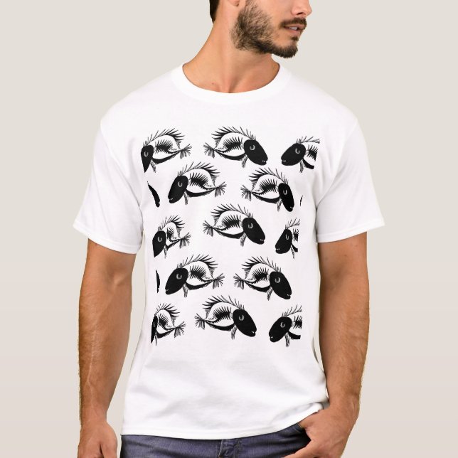 Skelett Fisk Svart Vit Halloween T Shirt (Framsida)