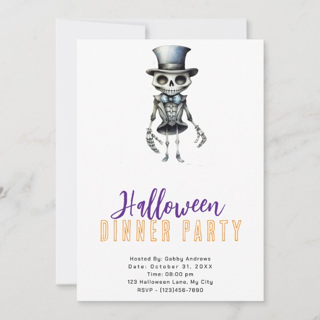 Skelett Flitig Topp Hatt Halloween Middagsparty Inbjudningar (Framsida)