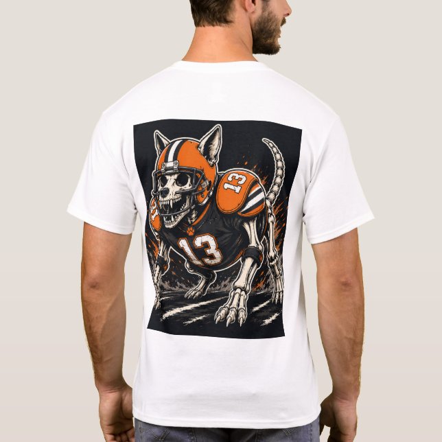 Skelett Fotboll Hund Tecknad Konst T Shirt (Baksida)