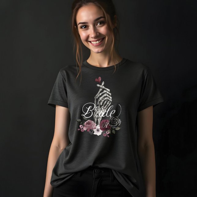Skelett Hand Hjärta Blommig Gotisk Vattenfärg Brud T Shirt (Skeleton Hand Heart Floral Gothic Watercolor Bride Tri-Blend Shirt)