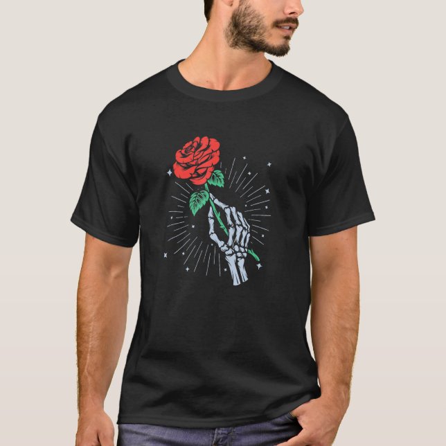 Skelett Hand Röd Ros T Shirt (Framsida)