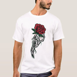 Skelett Hand som Håller Röd Ros — Kantig Alla Hjär T Shirt
