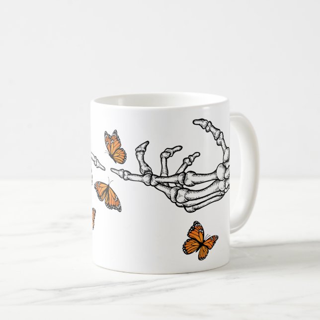 Skelett-händer och monarkfjärilar kaffemugg (Framsida höger)