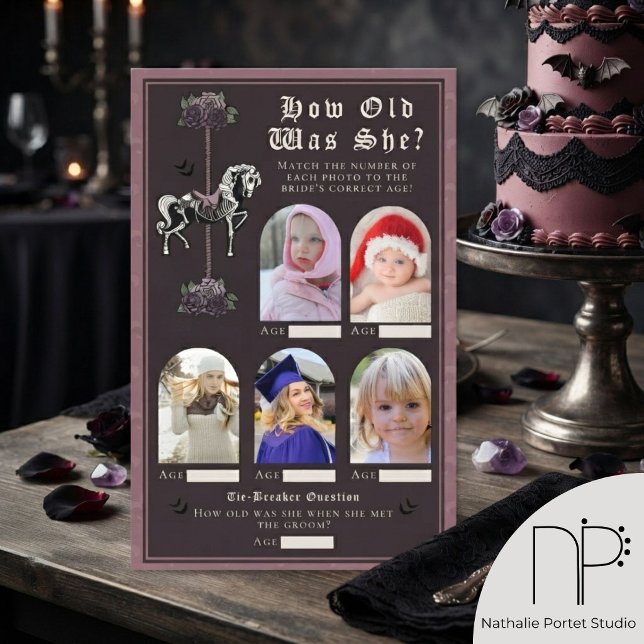 Skelett-häst Hur gammal var hon Bröllopsdusch-spel (hand-drawn vintage carousel skeleton horse and mauve roses for a chic dark romance aesthetic. )