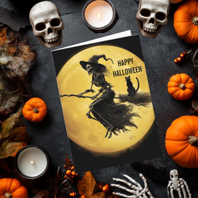 Skelett Häxa Katt Månad Skräck Horror Halloween Kort (Skapare uppladdad)
