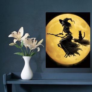 Skelett Häxa Katt Månad Skräck Horror Halloween Poster