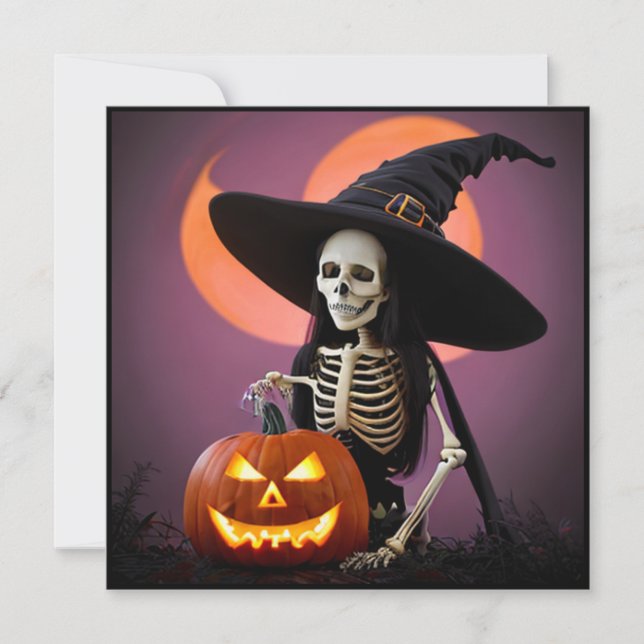 Skelett Häxa med Pumpa Halloweenfest Inbjudningar (Framsida)