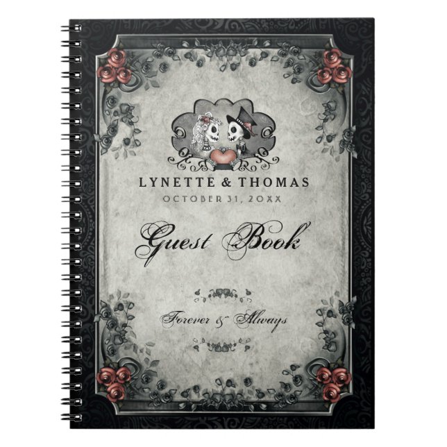 Skelett & hjärta för bok för Halloween bröllopgäst Anteckningsbok (Framsidan)