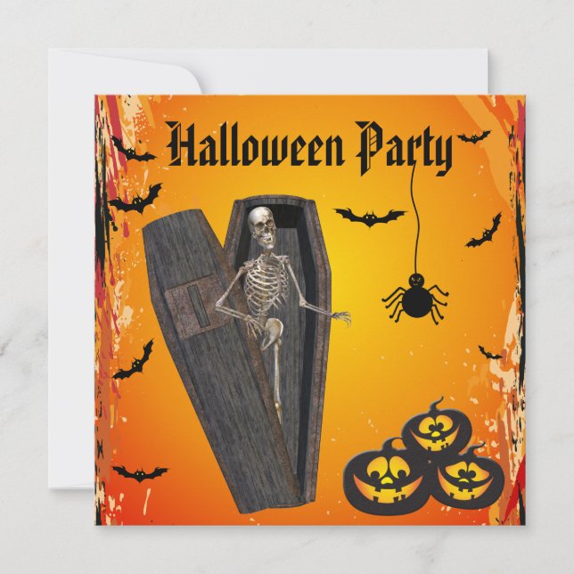Skelett i kista & pumpahalloween fest inbjudningar (Framsida)