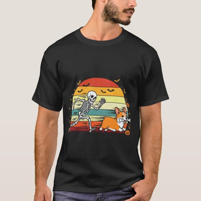 Skelett jagar Corgi Rolig Halloween 1 T Shirt (Framsida)