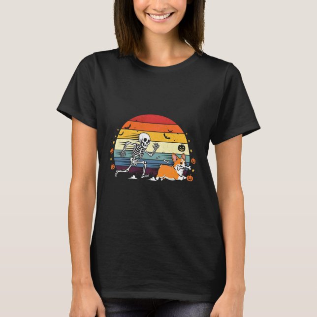 Skelett jagar Corgi Rolig Halloween T Shirt (Framsida)