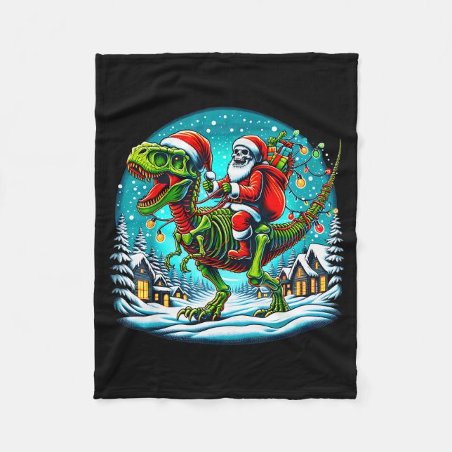 Skelett-jul-tomte ridande T Rex-dinosaur rolig jul Fleecefilt (Framsidan)