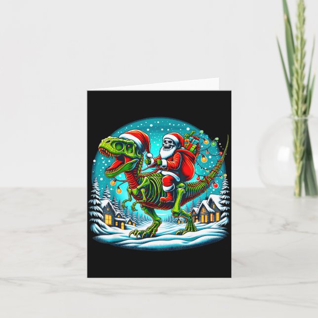 Skelett-jul-tomte ridande T Rex-dinosaur rolig jul Kort (Framsida)