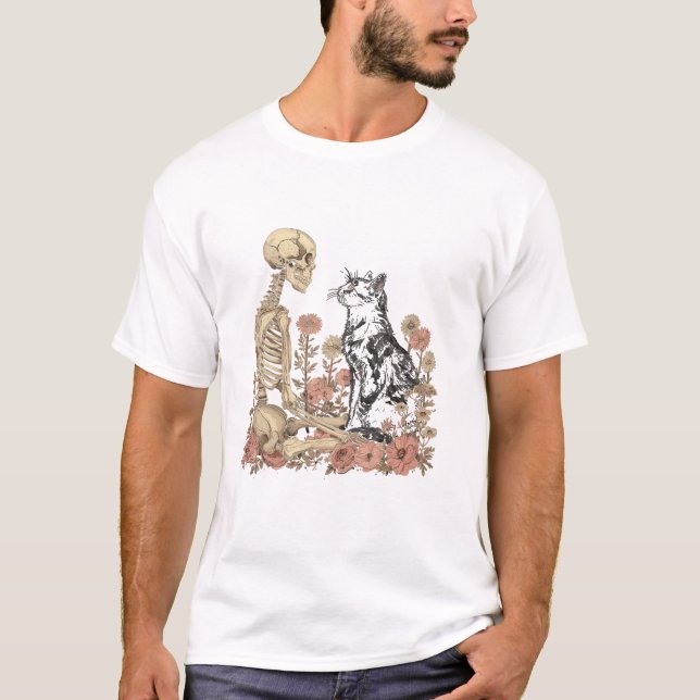 Skelett Katt Blomma Söt Liten Katt T Shirt (Framsida)