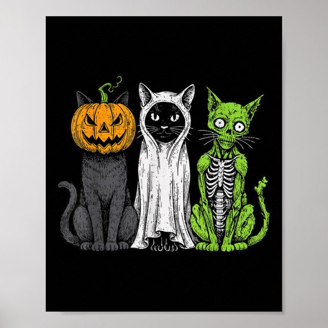 Skelett Katt Pumpa Spöke Halloween Kitty Meow Gi Poster (Framsidan)