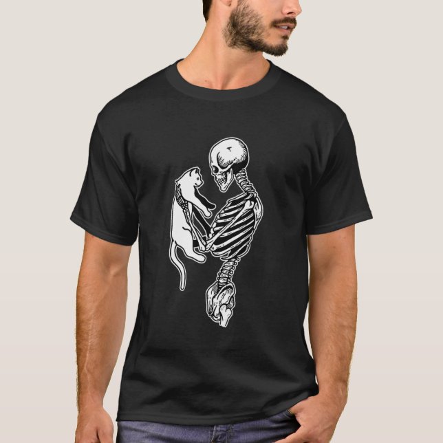 Skelett Kattälskare Blackwork T Shirt (Framsida)