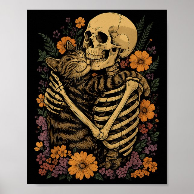 Skelett Kramande Katt Blommig Halloween Kattälskar Poster (Framsidan)