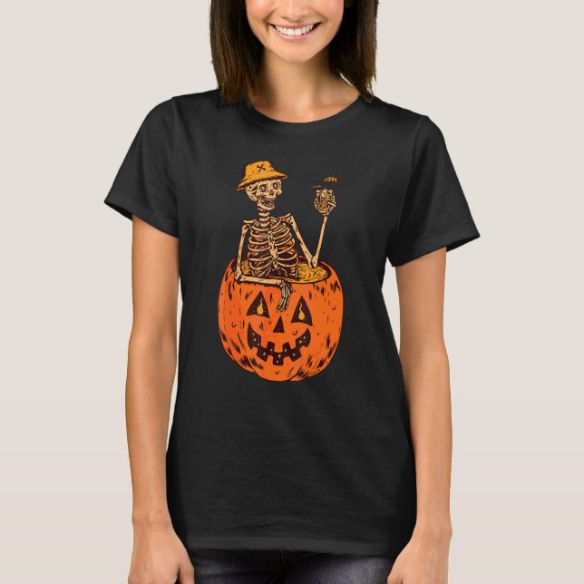 Skelett Leende Häxa Pumpa Halloween Dryck T Shirt (Framsida)