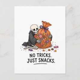Skelett med godispåse Rolig Halloween-illustration Vykort