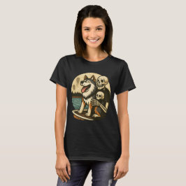 Skelett med hund på hemskt sjö-skräckkonst t shirt