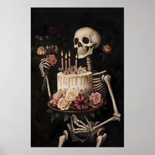 Skelett med tårta och blommor tryck, Glad Poster