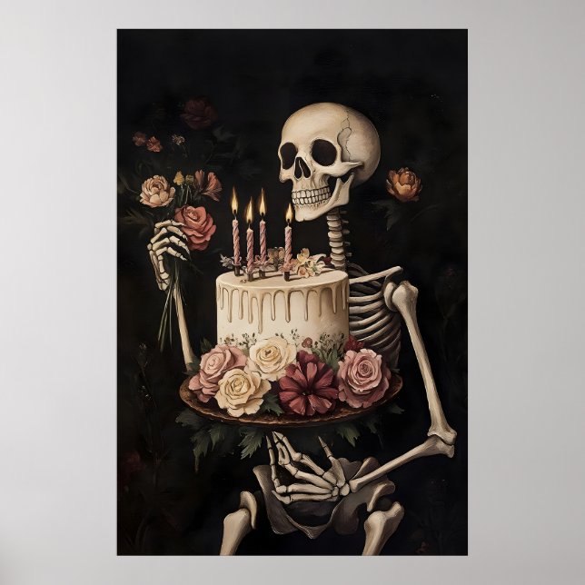 Skelett med tårta och blommor tryck, Glad Poster (Framsidan)
