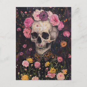 Skelett och blommor vykort