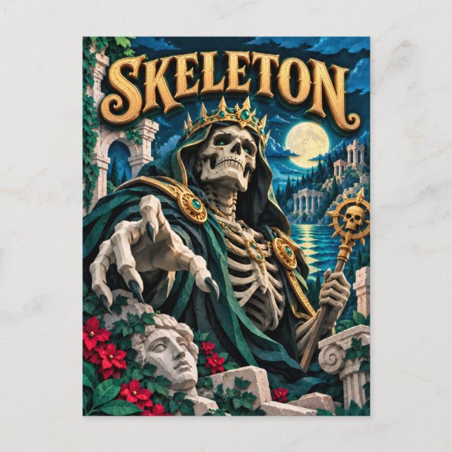 Skelett, pappersklippt monster vykort (Framsida)