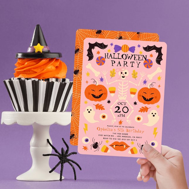 Skelett Pumpa Spöken Rosa Halloween Födelsedag Inbjudningar (Skapare uppladdad)