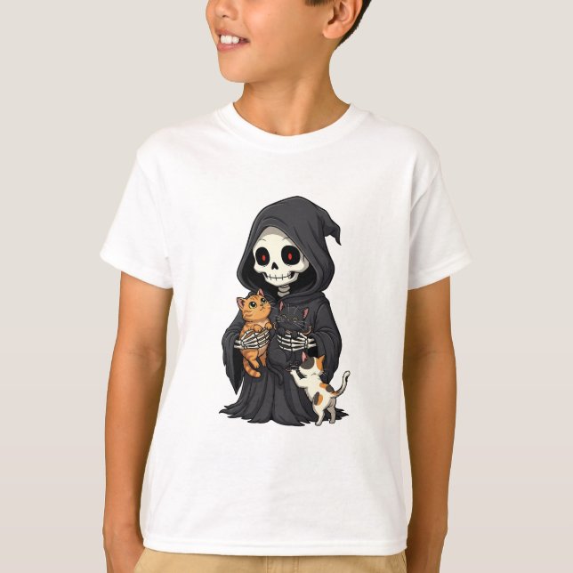 Skelett Reaper som kramar kattungar barn T Shirt (Framsida)