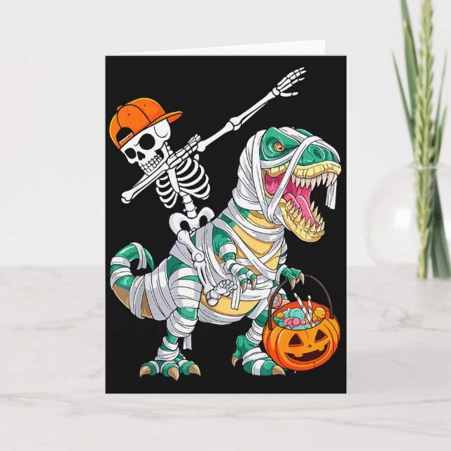 Skelett Ridar Dansar Dab Dinosaurie T Rex Hallowee Kort (Framsida)