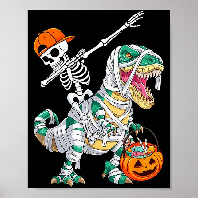 Skelett Ridar Dansar Dab Dinosaurie T Rex Hallowee Poster (Framsidan)