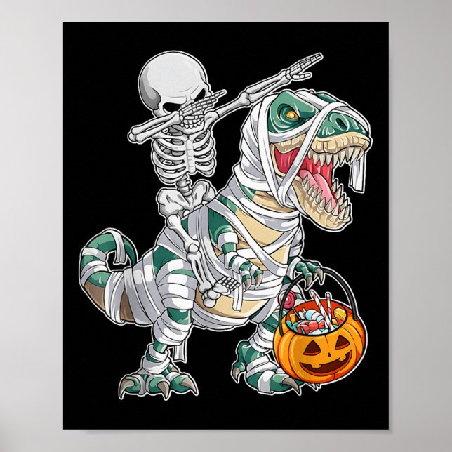 Skelett Ridar Dansar Dab Dinosaurie Trex Halloween Poster (Framsidan)
