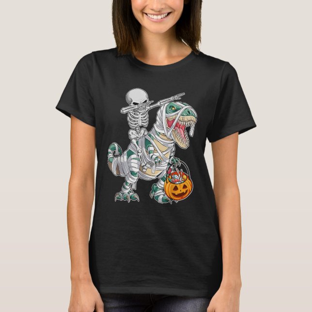 Skelett Ridar Dansar Dab Dinosaurie Trex Halloween T Shirt (Framsida)