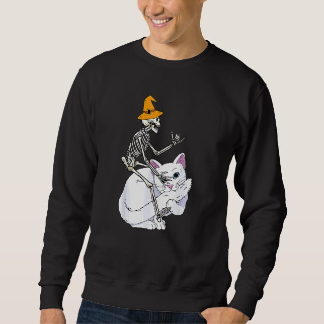 Skelett Ridd Katt Lat Halloween Kostym Söt Ki Lång Ärmad Tröja (Framsida)