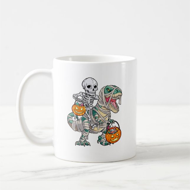 skelett Riding Mummy Dinosaur Halloween Roligt Kaffemugg (Vänster)