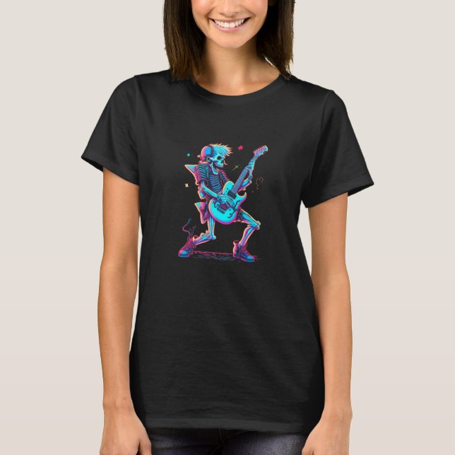 Skelett Rock and Roll Konsert Gitarrist T Shirt (Framsida)