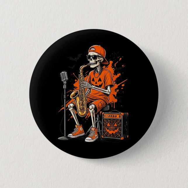 Skelett Saxofon Halloween Rolig Saxofonist Män Knapp (Framsida)