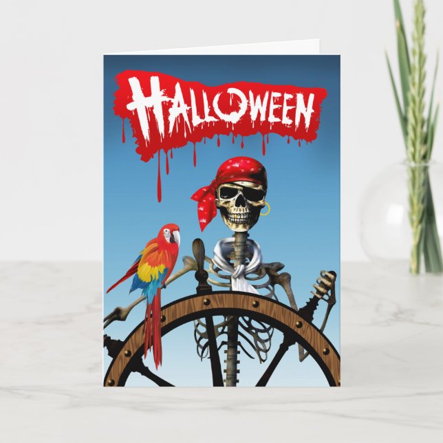 Skelett- sjöman för pirat med Macawhalloween fest Kort (Framsida)