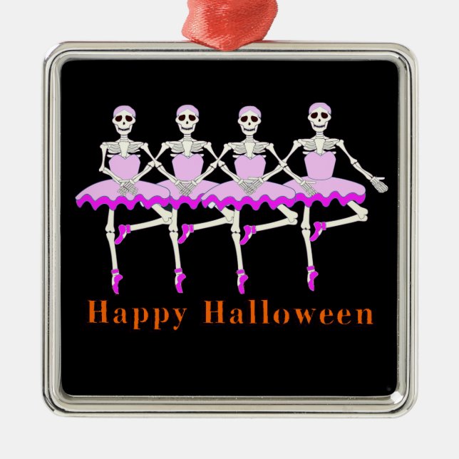Skelett som dansar balett "happy halloween ", julgransprydnad metall (Framsidan)