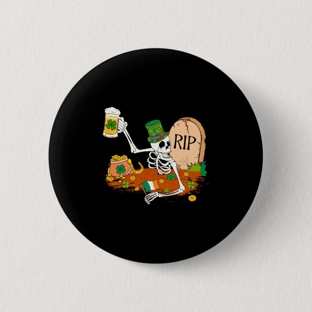Skelett som dricker öl St Patricks Day Leprechaun  Knapp (Framsida)