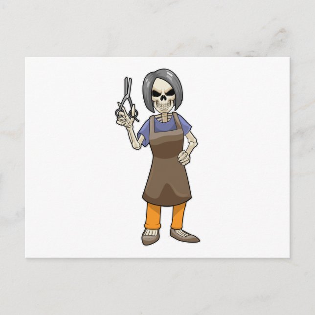 Skelett som frisör med sax vykort (Framsida)