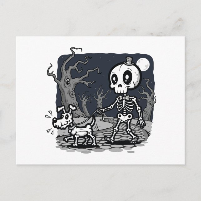 Skelett som går hund Halloween-konst Vykort (Framsida)