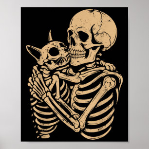 Skelett som kramar katt Halloween rolig kattälskar Poster