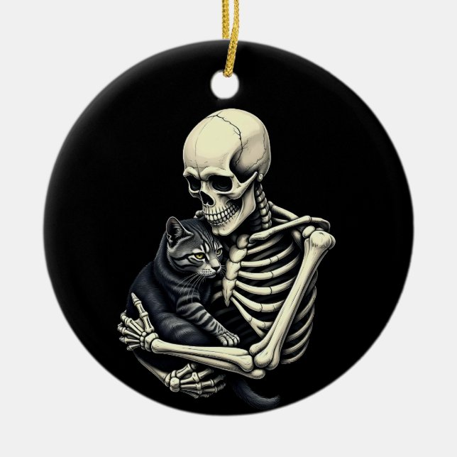 Skelett som kramar katt Rolig Halloween-present ti Julgransprydnad Keramik (Framsidan)