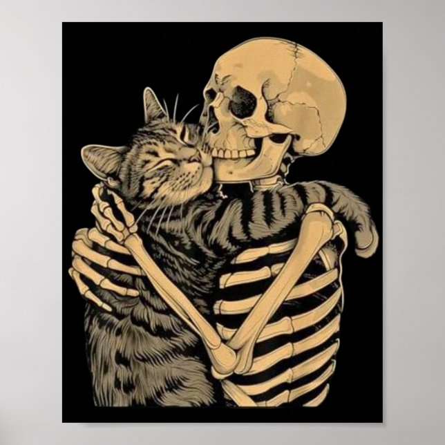 Skelett som kramar katt – Söt gotisk kattälskarepr Poster (Framsidan)