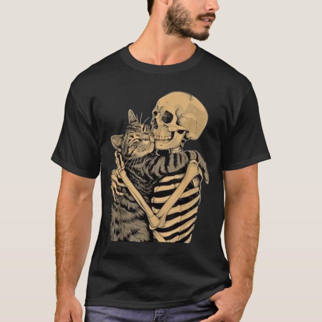 Skelett som kramar katt – Söt gotisk kattälskarepr T Shirt (Framsida)