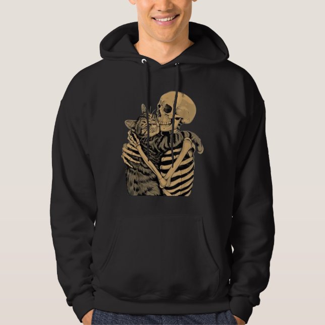 Skelett som kramar katt – Söt gotisk present till  Hoodie (Framsida)