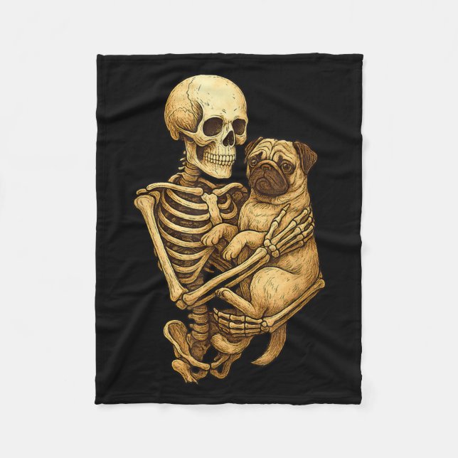 Skelett som kramar mops Halloween Mopsälskare Mops Fleecefilt (Framsidan)